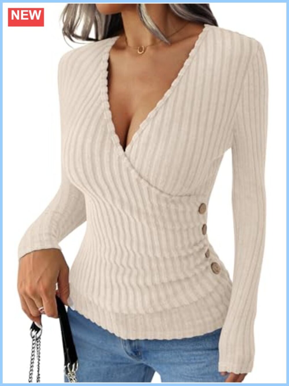ANRABESS Women's V Neck Long Sleeve Slim Fit Ribbed Top